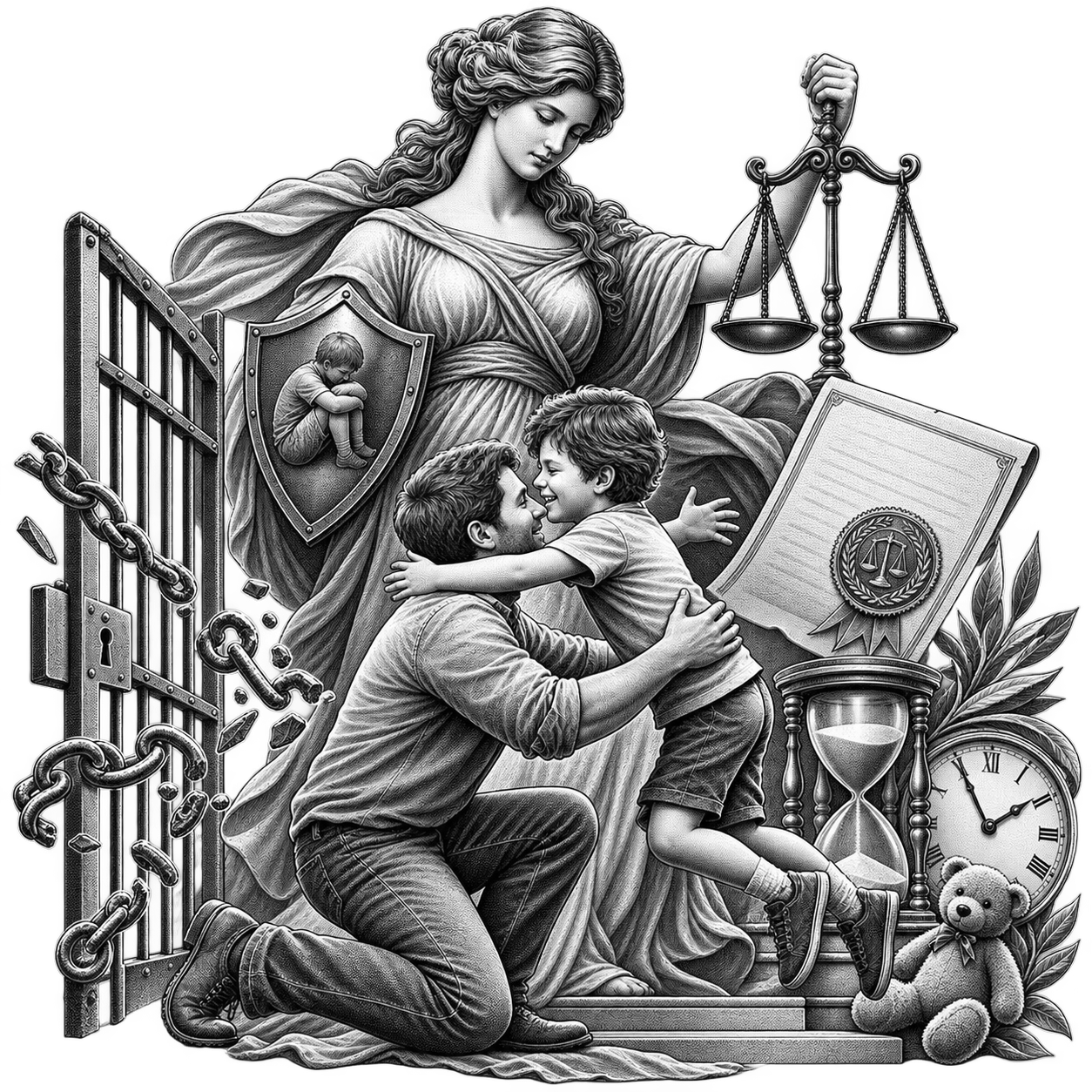 Parent and child reunited beside broken chains and scales of justice, representing the Parent-Child Restoration Act